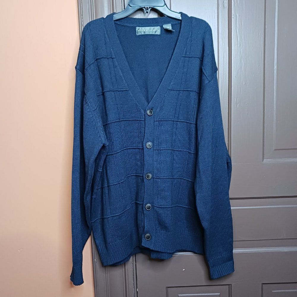 Oscar De La Renta Men's size XXL Navy Blue Cotton Blend V Neck Cardigan